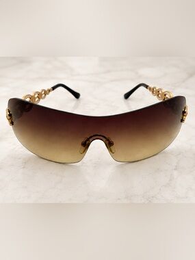 Vintage Versace 2053-B Y2K Brown Shield Crystal Gold Sunglasses Italy